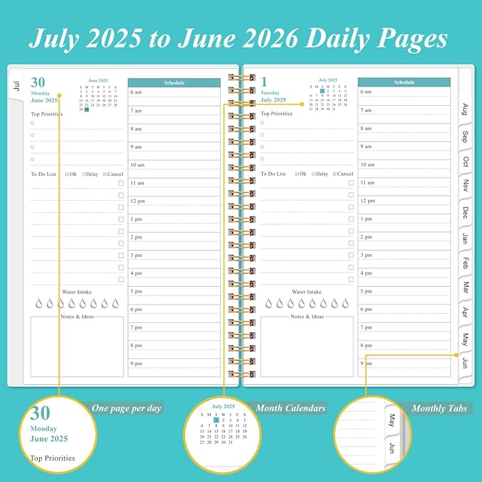 2025-2026 Daily & Monthly Planner - One Page Per Day, Daily Planner 2025-2026 from July 2025 to June 2026, Planner 25-26 with 12 Monthly Tabs, 6.4" x 8.5", Teal Flowers