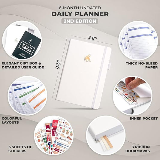 Clever Fox Daily Planner 2nd Edition – Undated Time Block Task Organizer with Hourly Schedule & to-do List – A5, 6 Months (White)