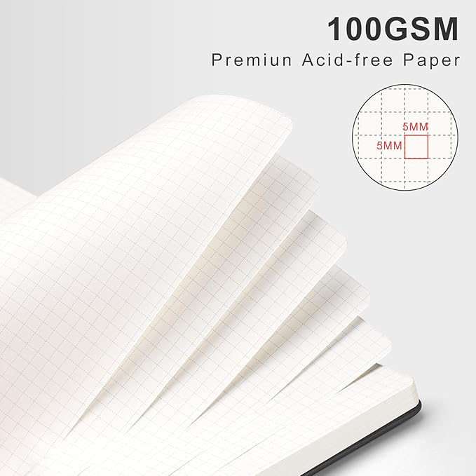 AHGXG Graph Paper Notebook - Spiral Notebook Hardcover Leather Journal 140 Pages, A5 Grid Paper Notebook 5.7" x 8.3", 100 gsm Thick Paper, for School Writing Graphing Engineering, Black