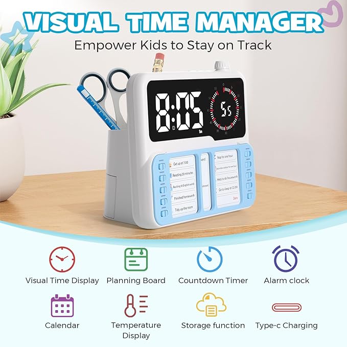7-in-1 Visual Timer for Kids & Adults with Task Planner – ADHD Time Management Tool with Alarm, Countdown, Calendar, Temperature Display & Storage – Ideal for Home, School (Blue)