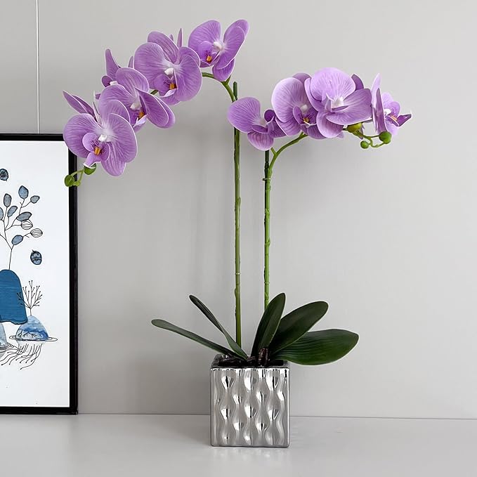 LISU Artificial Orchids, Silver Vases, Home Decoration Flower Arrangements,Purple Orchids Fake Flowers in Vases.