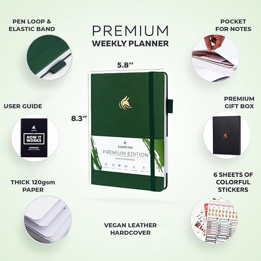 Clever Fox Planner Premium Edition – Undated Luxurious Weekly & Monthly Planner to Increase Productivity and Hit Your Goals – Organizer – Start Anytime, A5, Lasts 1 Year, Forest Green (Weekly)