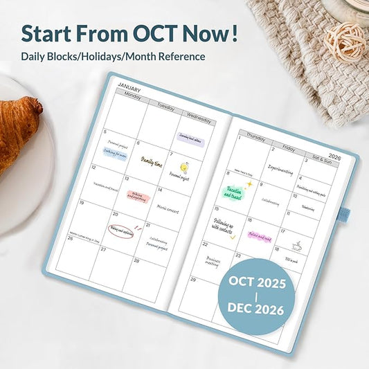 SUNEE 2026 Pocket Weekly Planner for Purse 3.5" x 6" - 12 Month (January 2026 - December 2026), Small Size Planner, Hardcover, Notes, Pocket, 100 GSM Paper, Gray Blue