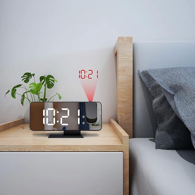 Projection Alarm Clock for Bedroom, Digital Alarm Clock with USB Charger, 7.4" Large LED Mirror Display Alarm Clock, Dual Smart Alarm with Projection on Ceiling, Black(No Temp Display)