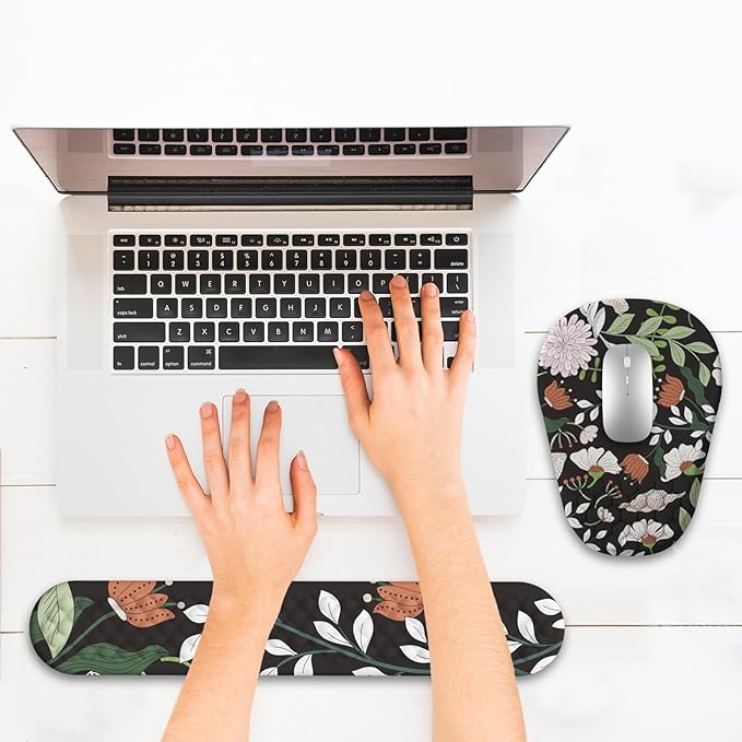 Ergonomic Mouse Pad and Keyboard Wrist Rest with Massage Design, Space-Saving Mouse Pad Wrist Support, Memory Foam Wrist Rest with Non-Slip PU Base for Computer Desk, Multiflora