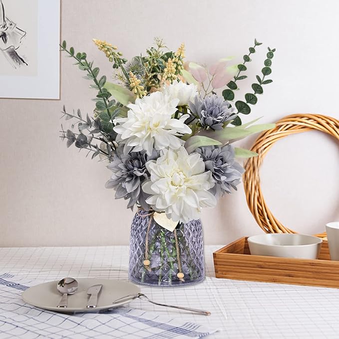 Home Decor Fake Flowers with Vase - Artificial Flowers Fake Plants Bouquet Decoration Realistic Dahlias, Hydrangeas, Eucalyptus Decor Modern Silk Flowers for Dining Table, Kitchen (Purple)