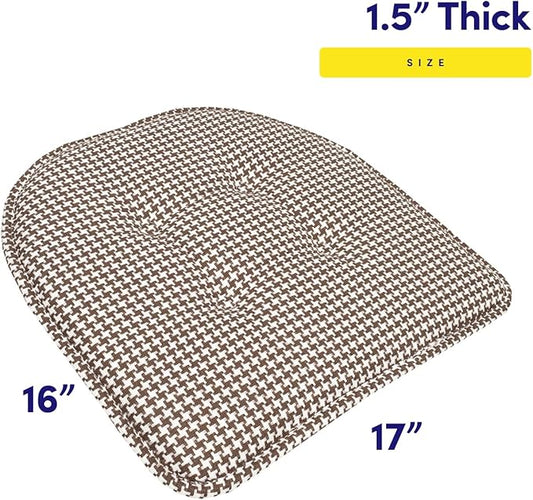 Sweet Home Collection Chair Cushion Memory Foam Pads Tufted Slip Non Skid Rubber Back U-Shaped 17" x 16" Seat Cover, 4 Count (Pack of 1), Houndsooth Brown