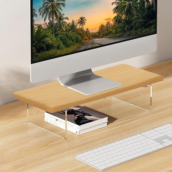 Monitor Stand Riser 2.16/3.34 Inch 2 Height Adjustments Acrylic Stand with Installation Tool, Desk Organizer Accessories Office Desk Storage Rack Screen/PC/Printer/Laptop Riser 7.8 x 15.7 Inch (Maple)