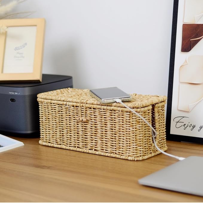 BROWNLILY Cable Management Box, Rattan Style Cord Organizer for Desk Cord Hider Outlet Covers Baby Proofing for Power Strip TV PC Router Charger Under Desk Storage with Lockable Lid and Cable Ties