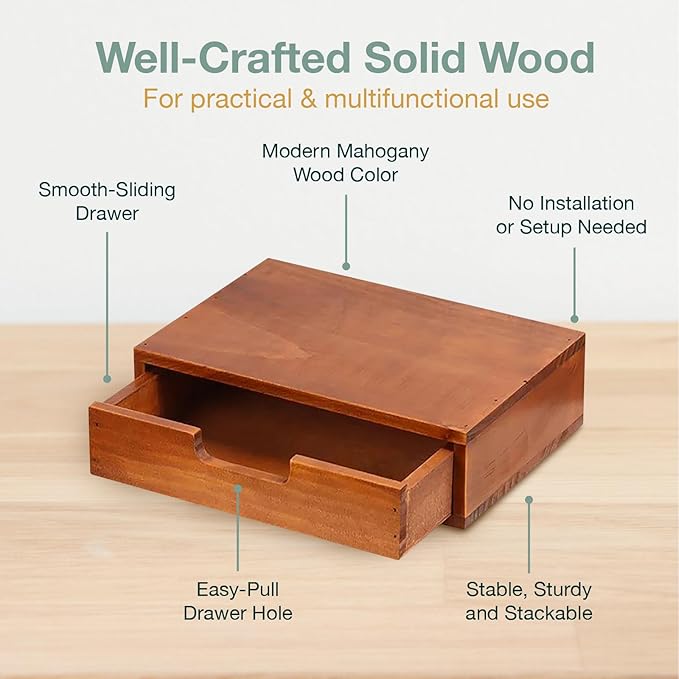 Single Drawer Desktop Storage Organizer in a Modern Wood Design (9.8”x6.9”x 2.8”) Wooden Stackable Drawer Unit - Single Monitor Riser (1-Pack)