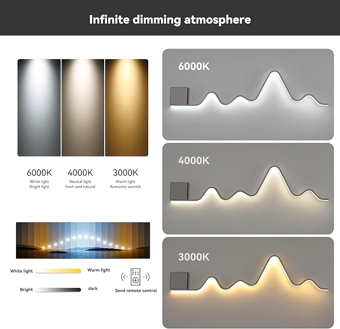 Qcyuui Modern Wall Sconce with Remote Control 43.3inch Dimmable LED Wall Lights Led Wall Sconce Indoor Wavy Long Linear Wall Lamps for Living Room Bedroom Hallway Staircase, 30W