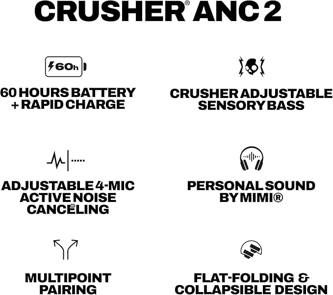 Skullcandy Crusher ANC 2 Wireless Over-Ear Bluetooth Headphones with Multi-Sensory Bass, Active Noise Cancelling, Up to 60 Hours Battery, Microphone for iPhone Android - Realtree Edge Colors White