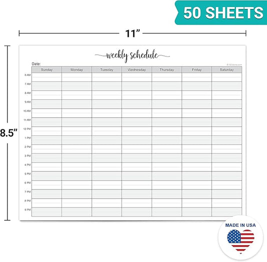 321Done Weekly Schedule Planning Notepad - 50 Sheets (8.5x11) – Hourly Appointment Productivity Weekly Planner Tear-Off Note Pad - Cute Simple Script Large Letter Size - Made in the USA