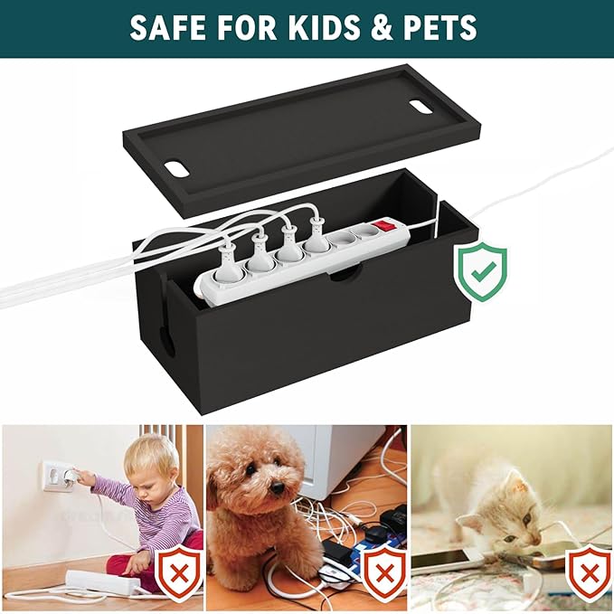 Bamboo Cable Management Box, Large Cord Organizer Box Cable Box to Hide Wires & Power Strips for Desktop Storage Cord Holder for Office Home,No Assembley Required (All Black, 1Medium)