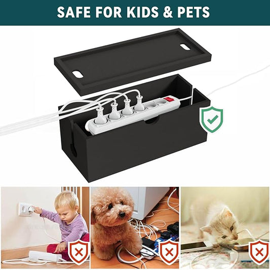 Bamboo Cable Management Box, Large Cord Organizer Box Cable Box to Hide Wires & Power Strips for Desktop Storage Cord Holder for Office Home,No Assembley Required (All Black, 1Medium)