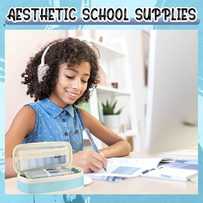 Janlaugh 38 Pcs Aesthetic College School Supplies with Pen Case Sticky Notes Gel Pens Highlighters Correction Tapes Back to School Stationery Kit(Light Blue Color,Classic)