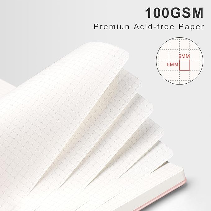 AHGXG Graph Paper Notebook - B5 Large Spiral Notebook Hardcover Leather Journal 140 Pages, Grid Notebook 7.6" x 10", 100 gsm Thick Paper, for School Writing Graphing Engineering Math, Rose Gold