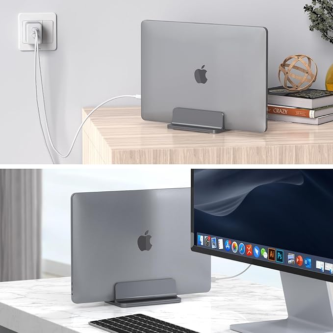 Aluminum Vertical Laptop Stand for Desk - Adjustable Width Dock for MacBook, Surface, Samsung, HP, Dell up to 17.3 inches - Space-Saving & Protective Design - Gray