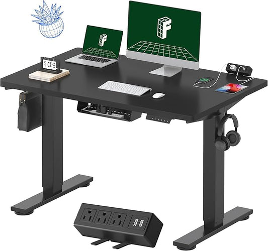 FLEXISPOT EN2 Whole-Piece Standing Desk with Clamp Power Strip, 48x30 Electric Stand Up Height Adjustable Desk with Cable Management (Black Frame + Black Top, 2 Packages)