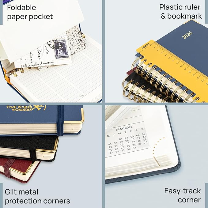 POPRUN 2026 Planner (Pocket Size 4''x 6.25'' Wire-Bond Hard Cover) Calendar Weekly and Monthly (Jan.2026-Dec.2026) Small Planner with Hourly Time Slots, for Purse, 100 GSM - Haze Blue