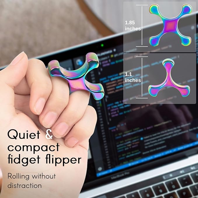 Fidget Toys Adults - Metal Finger Fidget Flipper 2Shapes - Quiet Unique Fidget Ring Stim Toys - Stocking Stuffer & Top Gadget Gift Idea (Rainbow)