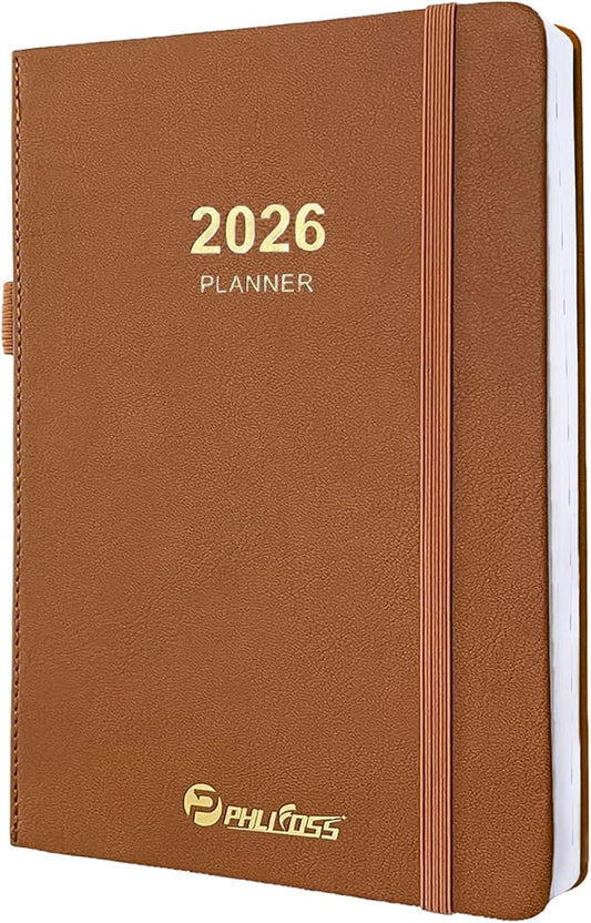 2026 Daily Planner/Calendar, One Page Per Day, Daily Monthly Agenda Planner with Time Slots and Monthly Tabs, Jan - Dec 2026, 5.7" x 8.25" Appointment Book, Pen Holder, Leather Cover (2026-Brown)