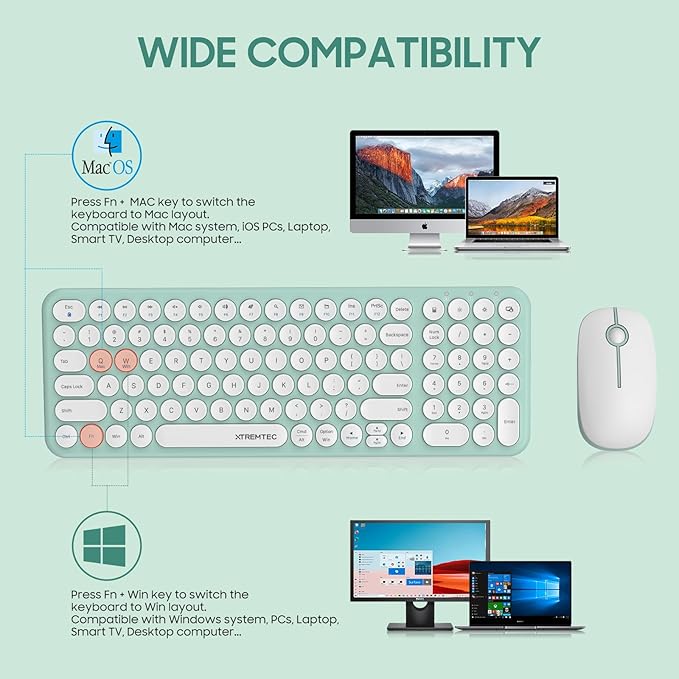 Wireless Keyboard and Mouse Combo, XTREMTEC Cute Kawaii Green Aesthetic Quiet Laptop Keyboard Teclado y Mouse Inalambrico Mac (Macaron Green)