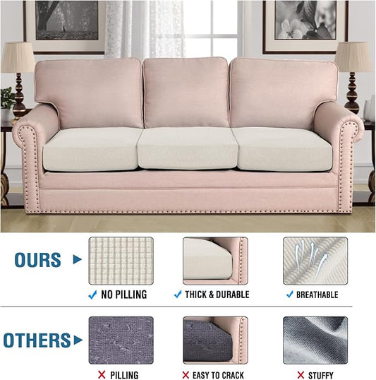 H.VERSAILTEX Super Stretch Individual Seat Cushion Covers Sofa Covers Couch Covers Slipcover Sets Thick Jacquard Textured Twill Fabric (3 Piece XL Sofa Cushion Covers, Porcelain)