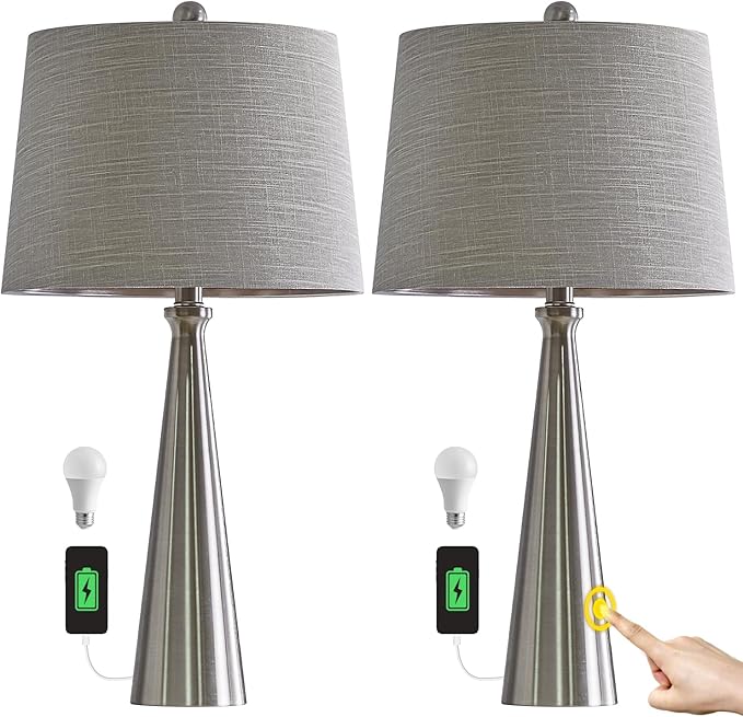 Oneach 25.75" Table Lamps Set of 2 for Living Room Bedroom, Bedside Lamp 3-Way Dimmable Touch Control, Modern Silver Nightstand Light Fabric Shade Vintage Accent Style