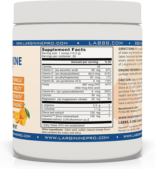 L-Arginine PRO | 5,500mg L-Arginine Plus L-Citrulline 1,100mg Orange Powder Drink Mix Supplement for Increased Nitric Oxide Production