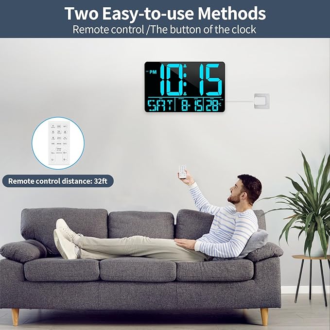 13" Digital Wall Clock Large Display with Remote, 25 Ringtones, Temperature, Calendar, 0-100% Auto or Custom Brightness, 12/24H, DST, Timer, for Living Room, Kitchen, Bedroom, Elderly(Blue)