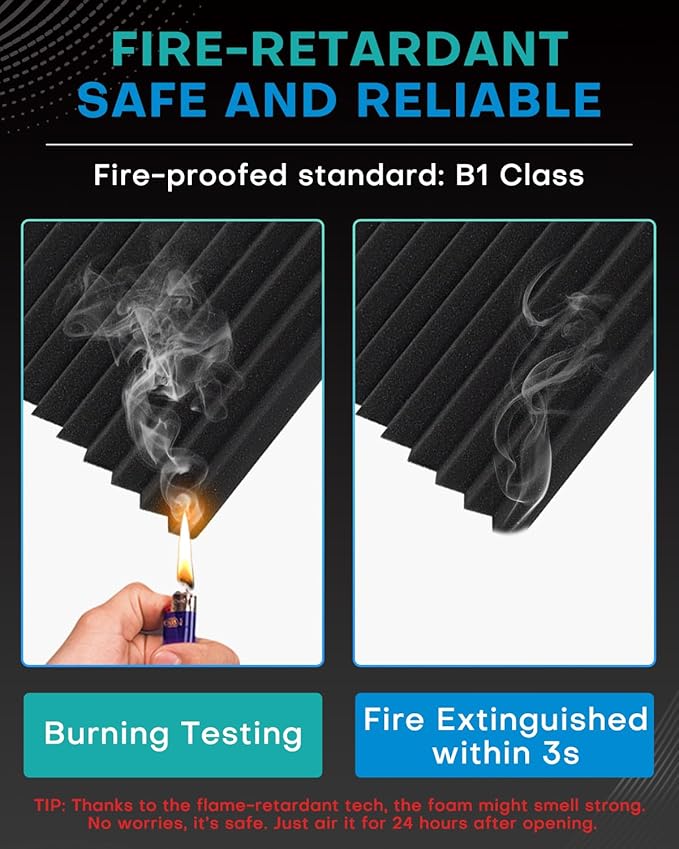 24 Pack Sound Proof Foam Panels with Self Adhesive, 12x12x1 Fire Resistant Acoustic Foam Panels, High Density Acoustic Panels Sound Absorbing, Studio Noise Cancelling Black Grey