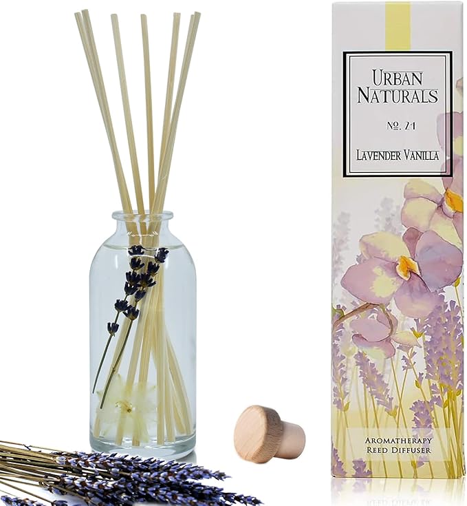 Urban Naturals Lavender Vanilla Reed Diffuser Set | Room Scent Infuser with Real Lavender & Natural Flowers | Soothing Scent Makes a Great Housewarming Gift | Great Idea