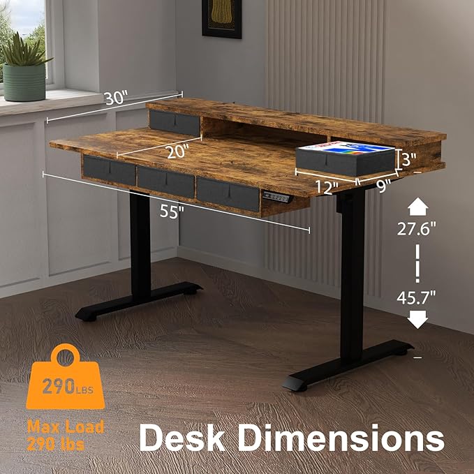 XINYAO Electric Standing Desk with 5 Drawers, 55x30 Inch Extra Wide Height Adjustable Sit Stand Up Desk with Storage Support 290lbs Ergonomic Rising Table with Wheels for Home Office