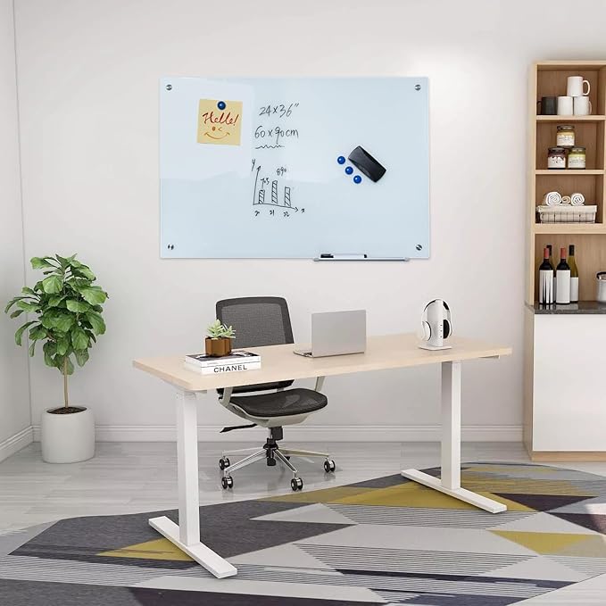 Glass Whiteboard 24"X36" Magnetic Dry Erase Board Frameless Wall Mounted White Board WritingBoard for Office School Home Accessory Tray, 3 Dry Erase Marker,4 Glass Board Magnets and 1 Magnetic Eraser