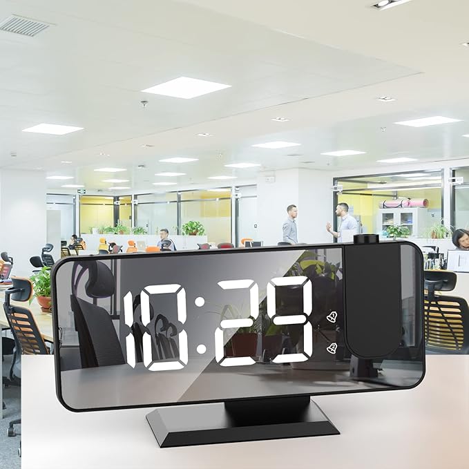 Projection Alarm Clock for Bedroom, Digital Alarm Clock with USB Charger, 7.4" Large LED Mirror Display Alarm Clock, Dual Smart Alarm with Projection on Ceiling, Black(No Temp Display)