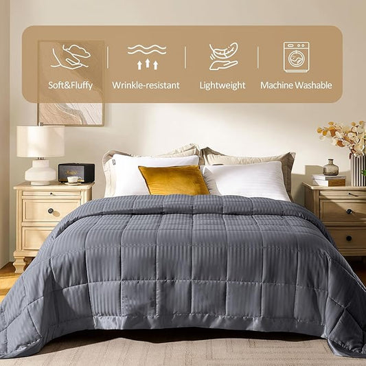 downluxe King Size Blanket with Satin Trim, Lightweight Down Alternative King Blanket for All Season, Machine Washable (Grey, 108 x 90 Inch)
