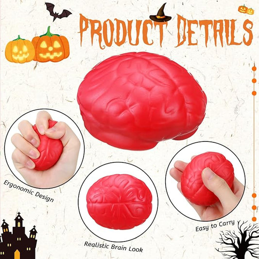 Leitee 12 Pcs Brain Stress Balls Bulk Large Halloween Brain Toys PU Hand Muscle Exercise Pressure Ball Funny Stress Relief Toy for Teens Adult Improving Grip Strength Prop(Red)