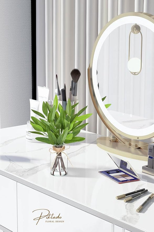 13" Fake Eucalyptus Stems in Vase with Faux Water,Artificial Plants Leaves for Shelf Desk Bathroom Farmhouse Room Coffee Table Home Decor (Eucalyptus-Pointed Leaf)