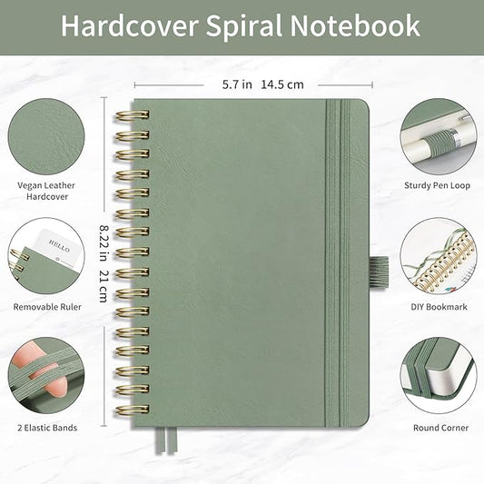 EMSHOI Bullet Dotted Journal Spiral Notebook - 300 Pages, A5 Hardcover Leather, 100 GSM Thick Dot Grid Notebook for Women Men Work Writing, Bullet Journaling, Drawing, 5.7" x 8.22", Light Green