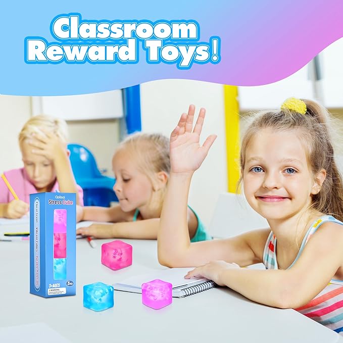 Fidget Toy Stress Cube 3 Pack,Cube Stress Ball with Snowflakes Inside,Mellow and Chill Touch,Classroom Prize Box Toys,Cube Squishies for Adults Kids Children Teens (Stress Cube 3 Pack)