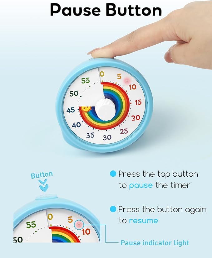 BellMan Visual Timer with Pause Button, 60 Minute Countdown Rainbow Timer for Kids and Adults with Silent Operation, Study and Meetings Time Management Tool, for Home, Office and Gift, Light Blue