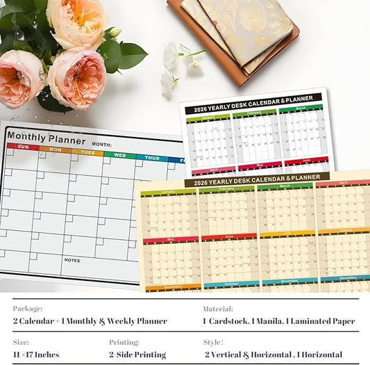 2026 Calendar 3-Pack: 2 Double-Sided Yearly Wall Calendars (Vertical/Horizontal) + 1 Laminated Monthly & Weekly Wet Erase Planner - 11x17 Inch Reversible Desk Calendar for Office, School, Home