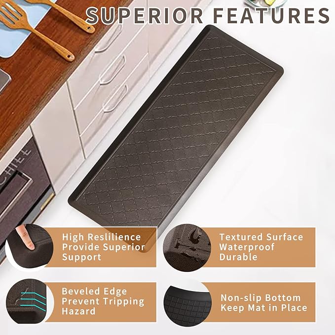 24 x 60 Inch Extra Support Anti Fatigue Comfort Kitchen Mat, Waterproof Long Kitchen Runner, Non-Slip Standing Desk Mat, Commercial Pads for Offices, Home, Garages (Barcelona Brown, 24'' x 60'')