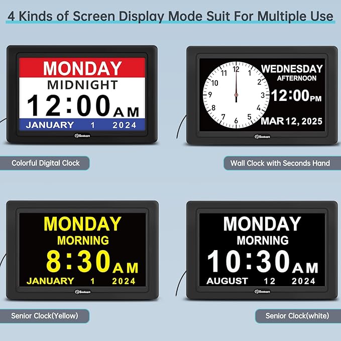Soobest Digital Dementia Alarm Clock for Seniors Elderly, Electric Large Display Date Day of Week Time Calendar Clock 20 Reminders 3 Ringtones for Memory Loss Alzheimers, Auto DST/Dimmer, 1024*600P HD