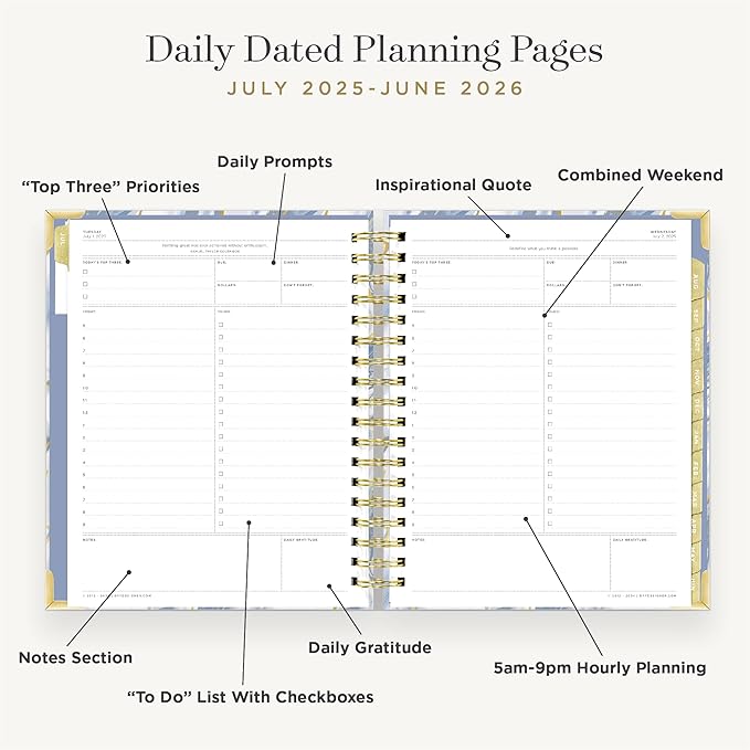 Day Designer 2025-2026 Daily Planner – Premium Planner for Stylish Organization. Combines Monthly Calendar, Hourly Schedule, To-Do List, Gratitude, Goal Setting, Inspirational Quotes, Stickers & More. Elegant laminated Cover with Gold Accents (Azure)