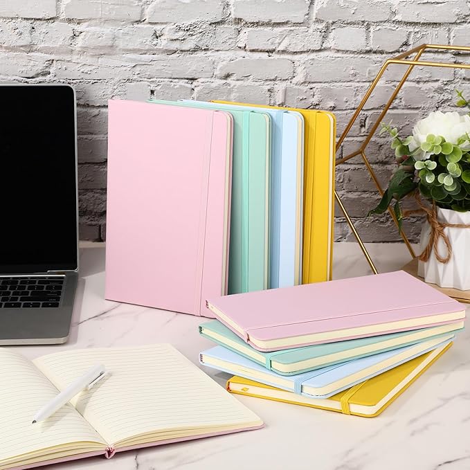 Honoson 20 Pack Lined Journal Notebooks A5 Hardcover Executive Notebook 5.5 x 8.3 PU Leather Wide Ruled Journals Bulk with Elastic Band for Home Business Office School Supplies(4 Pastel Colors)