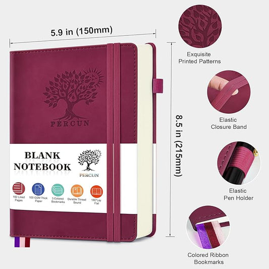 PERCUN Blank Journal Ntebook for Men & Women, 160 Pages Blank Journals for Writing, Drawing,Sketch Book,5.9" x 8.5" Leather Sketchbook, Unlined Notebook for Work, School, Art - Burgundy