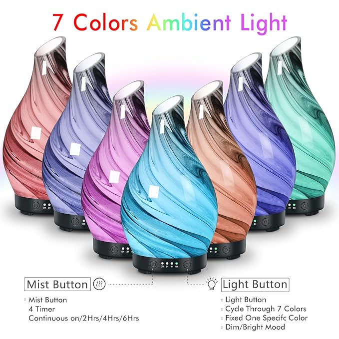 Essential Oil Diffuser Aroma Diffuser- 200 ml Art Glass Ultrasonic Cool Mist Oil Diffuser for Aromatherapy Waterless Auto-Off & 7 Colors Changed LED Light for Home Office Decor & Gift(200ml-Watertank)