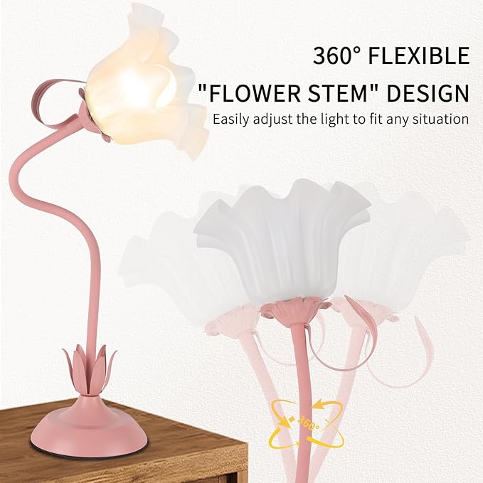 Cute Flower Desk Lamp, 3 Color Temperature Table Lamps with LED Bulb, Vintage Bedside Lamp, Reading Lamps with Soft Light for Bedroom, Living Room(Pink)